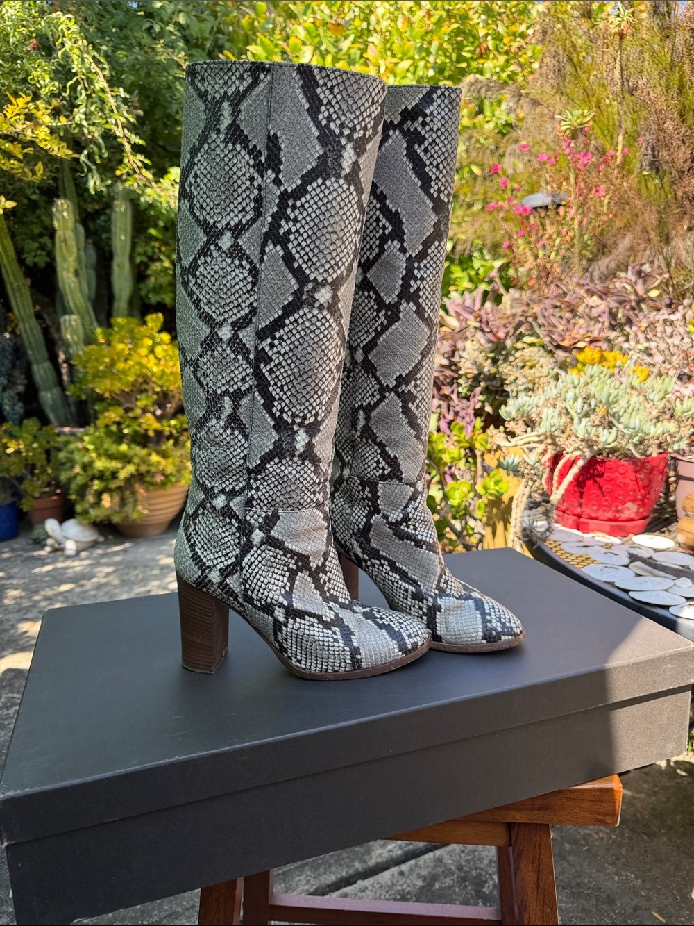 J. Crew Gray and Black Snakeskin Knee-High Block Heel Boots